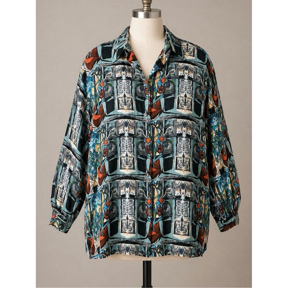 Picasso Tomato Plant Silk Blouse Button Up XL Fine Art Fashions Ltd Vintage 90s